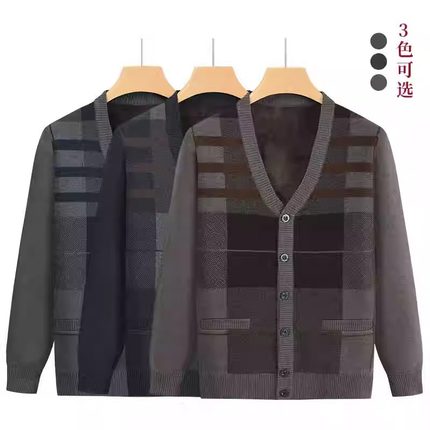 秋冬季格子加绒加厚保暖上衣爷爷装衣服开衫毛衣男中老年人爸爸装