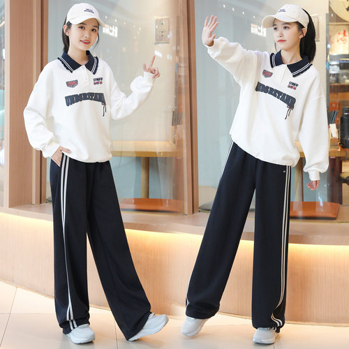 女孩polo领卫衣搭休闲运动裤套装