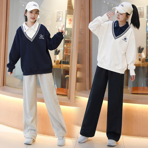 女孩宽松卫衣搭休闲长裤套装