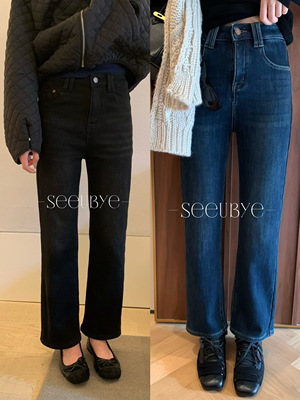 现货！SeeUbye加绒高弹直筒牛仔裤女2025秋冬高腰纸片神裤619