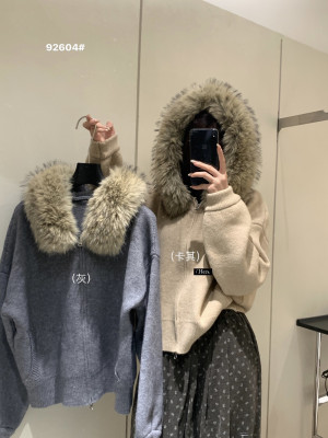 一勺甜Hers韩系大貉子毛领连帽双拉链毛衣外套女冬季厚外套92604