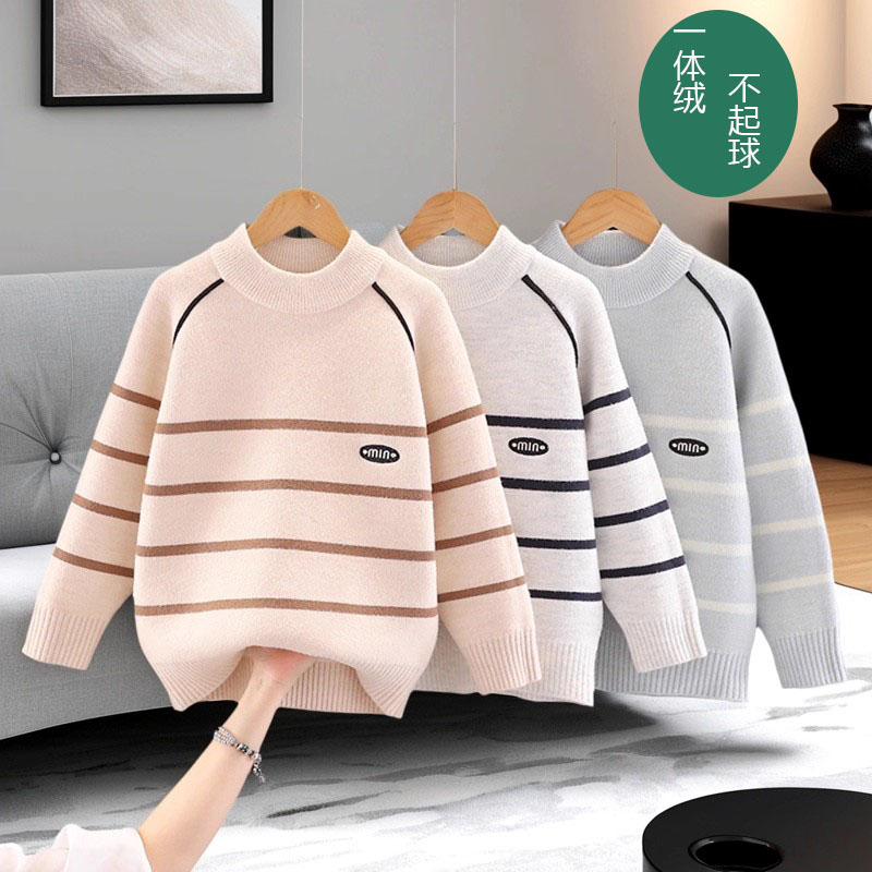 男童毛衣一体绒加厚中学生圆领