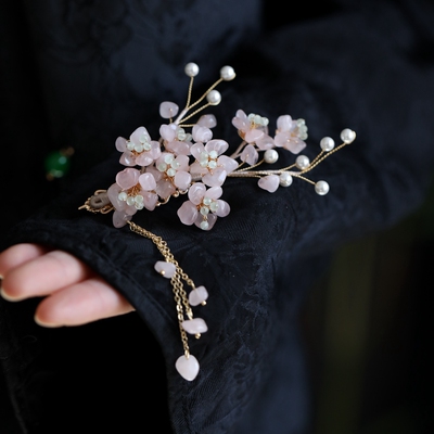 边夹女侧边高级感粉晶花朵流苏发夹女后脑勺旗袍汉服新中式发饰
