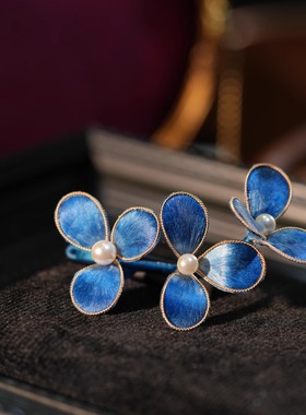 非遗绒花蓝色发夹新中式国风小众高级个性独特时尚百搭日常边夹