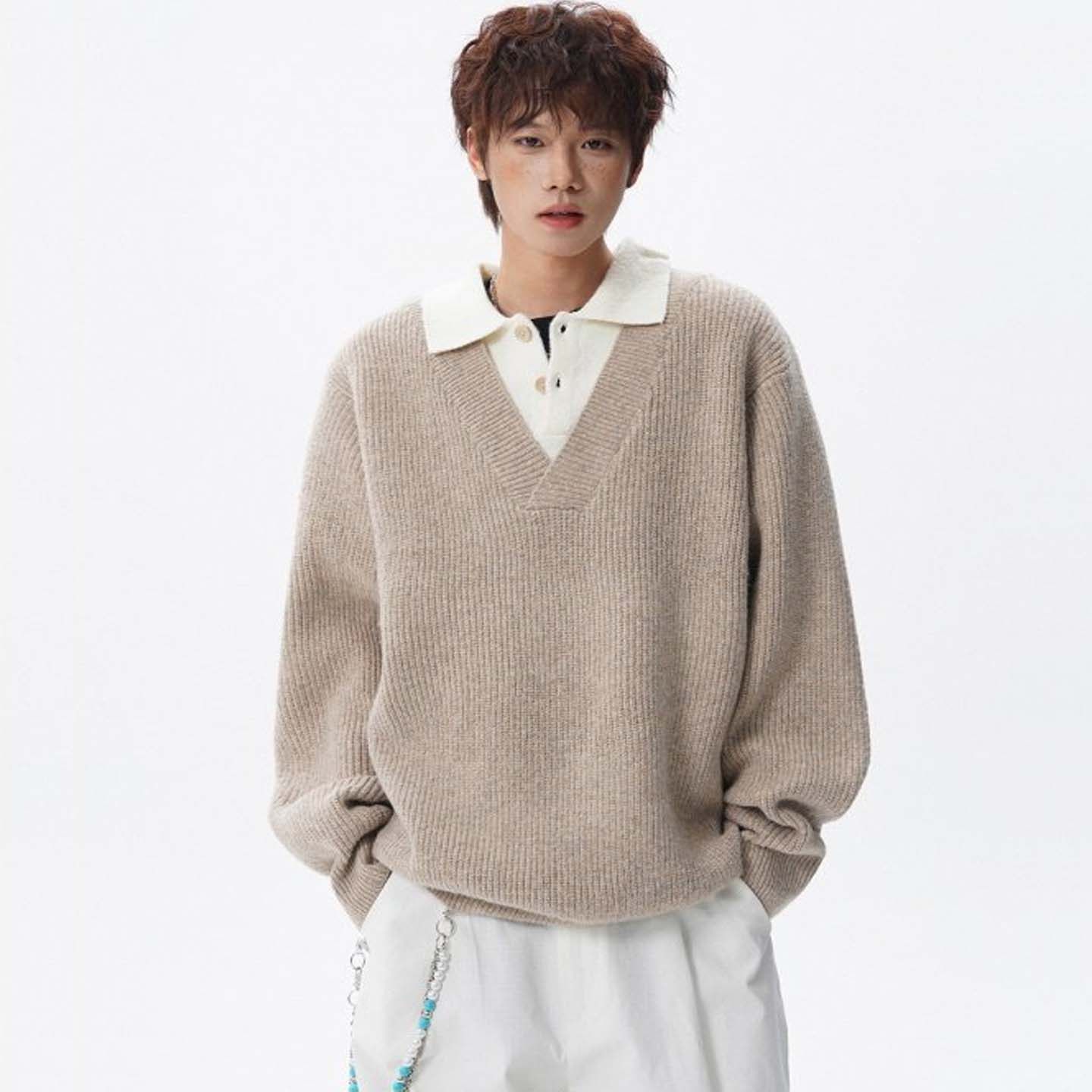 2026新款男毛衣假两件针织衫宽松韩版高级感痞帅打底衣加厚毛线衣