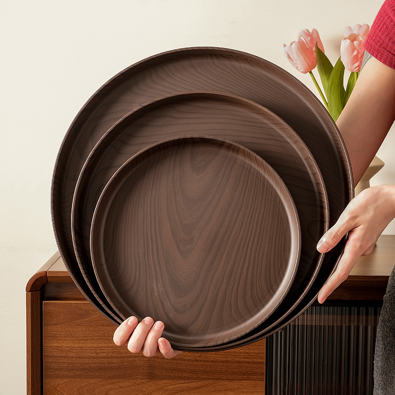 加厚无异味！圆形托盘大号仿木纹