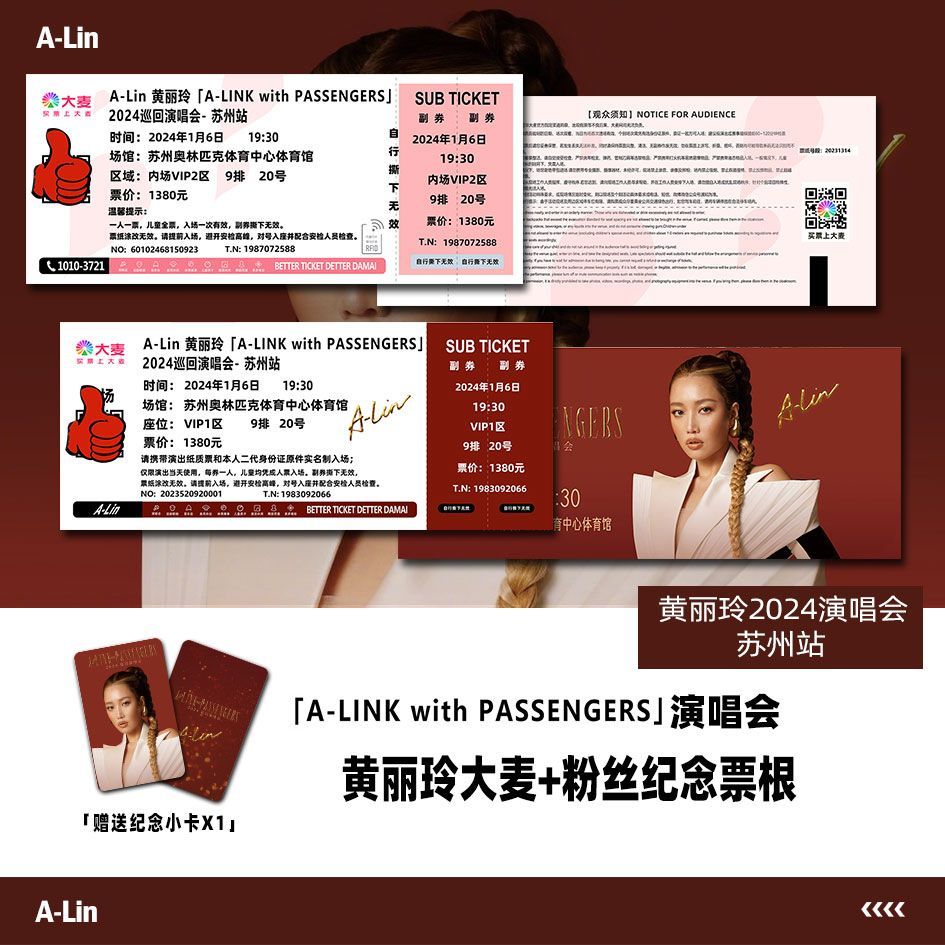 黄丽玲巡回演唱会门票苏州站周边大麦门票自印定制各站座位送小卡