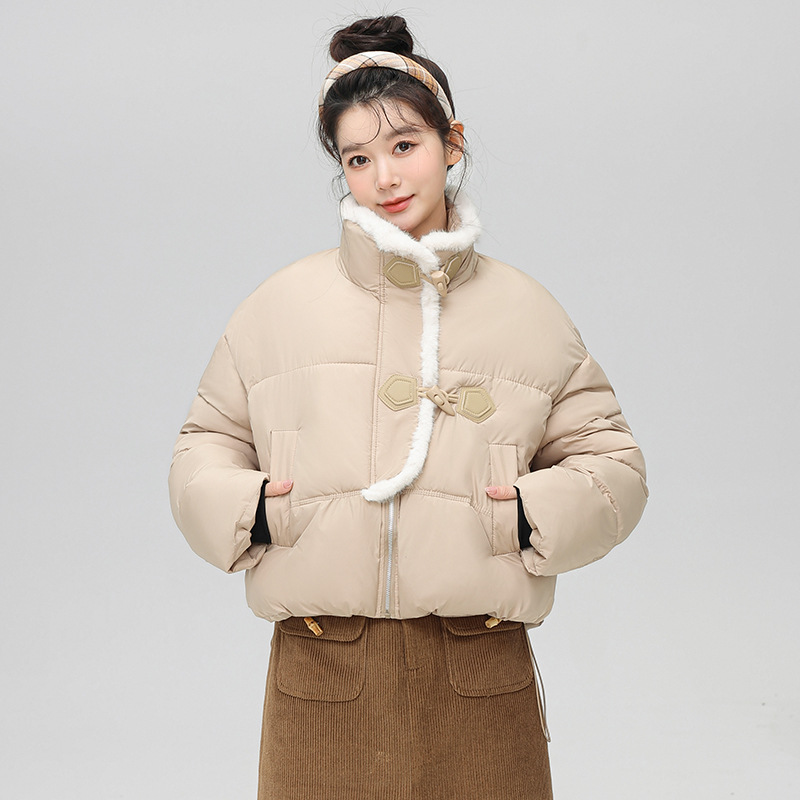 欧美冬季韩版高领加厚羊羔毛皮衣盘扣夹克女羽绒棉服小香风外套