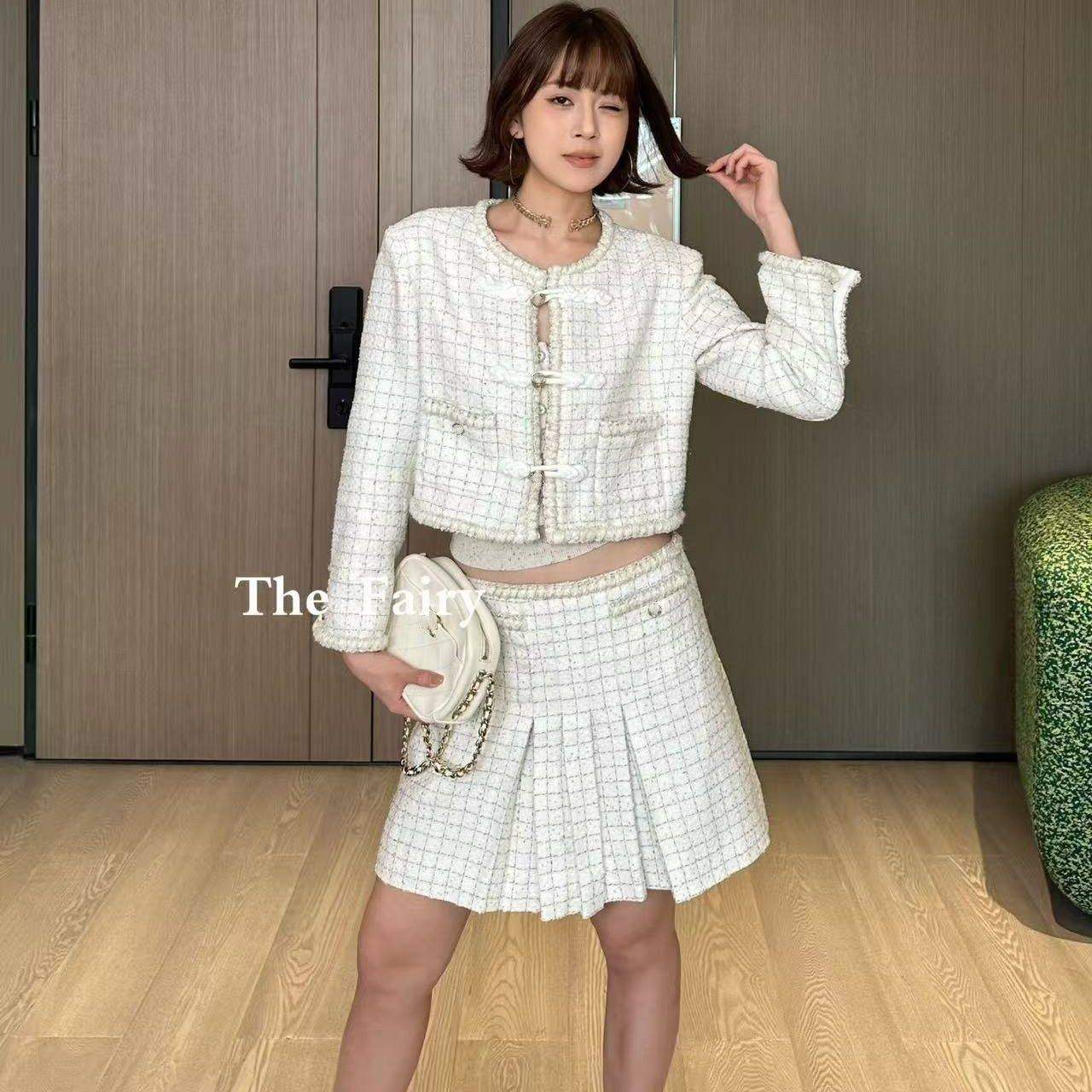 好漂亮小香风格纹粗花呢半身裙女高腰A字百褶短裙气质通勤时尚潮