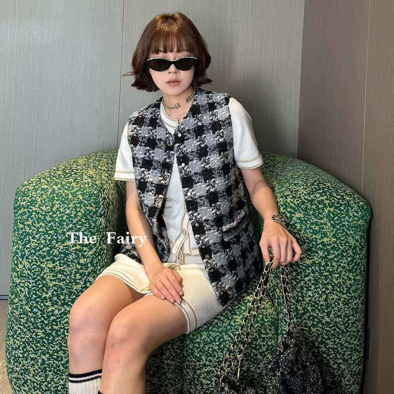 好漂亮好漂亮千鸟格黑白拼色粗花呢小香风马甲外套女2025年冬季潮