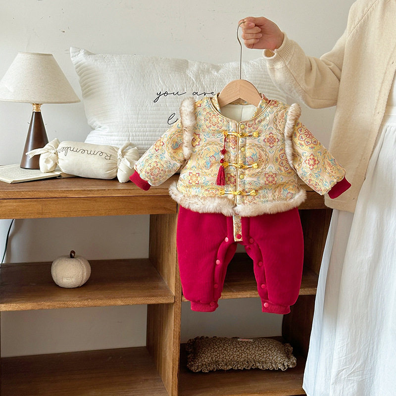 婴儿冬装款连体衣男女宝宝冬季满月百天周岁礼服过年新年喜庆拜年