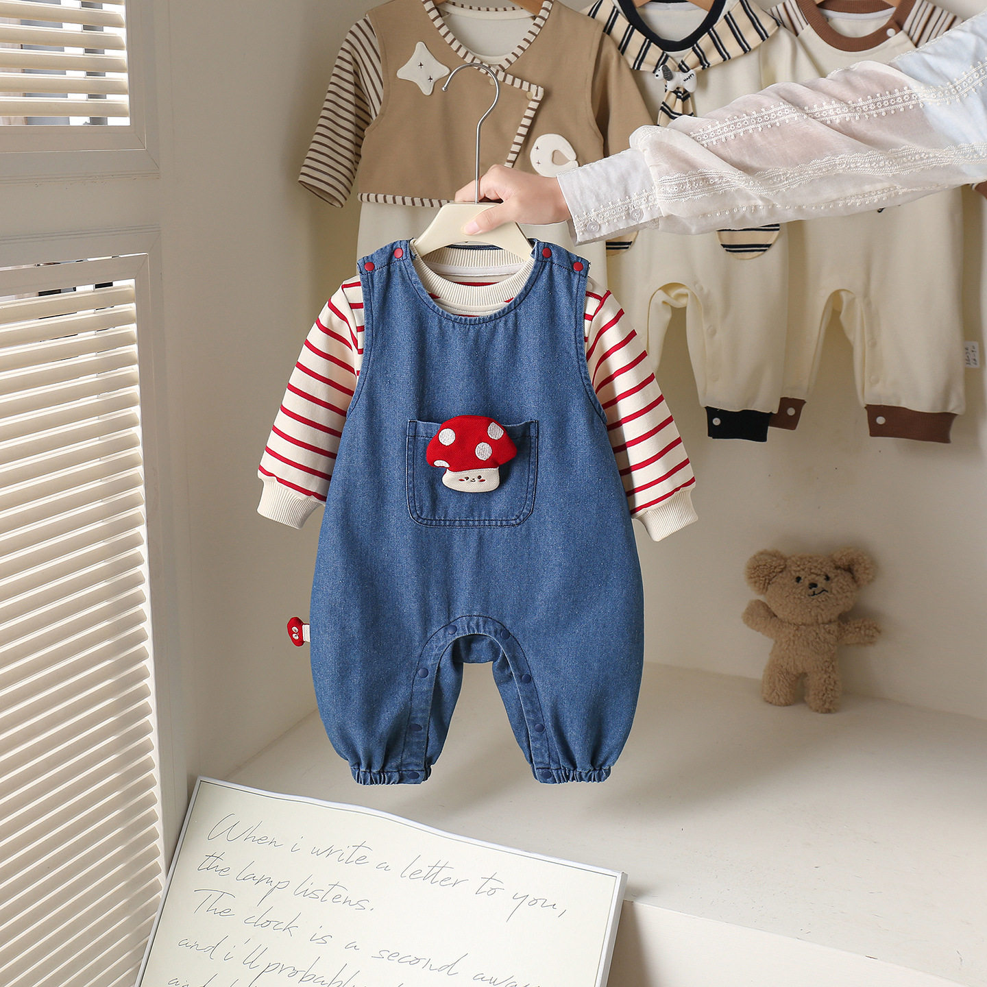 婴儿春款套装韩系洋气宝宝条纹T恤牛仔背带裤两件套婴幼儿连体裤,童装/婴儿装/亲子装,连身衣/爬服/哈衣,淘宝优惠券,粉丝福利购,淘宝优惠卷