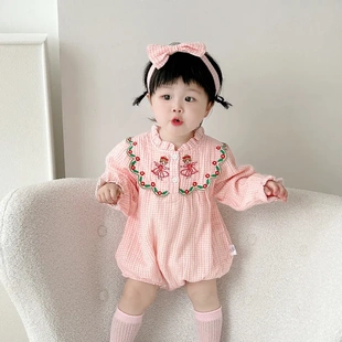 婴儿双层包屁衣2025春季女宝宝长袖连体衣3536新生儿纯棉连身衣