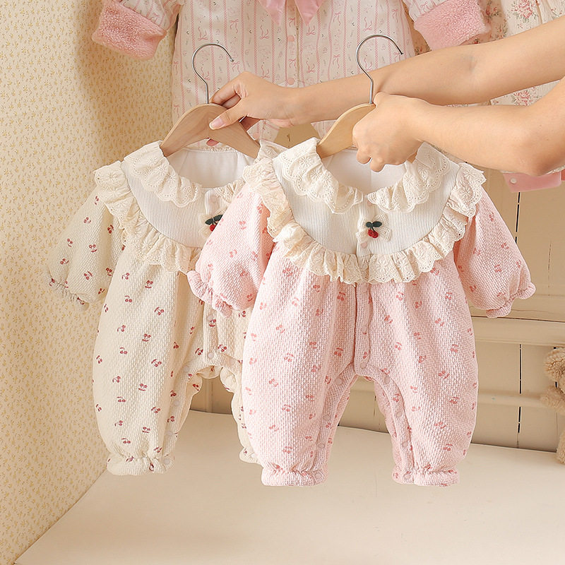 冬款夹棉花边蕾丝樱桃女童婴儿幼儿宝宝连体衣哈衣闭档女宝新生儿,童装/婴儿装/亲子装,连身衣/爬服/哈衣,淘宝优惠券,粉丝福利购,淘宝优惠卷