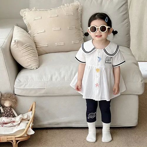 婴幼儿清新学院风套装条纹翻领海洋风可爱两件套女宝宝薄款外出服