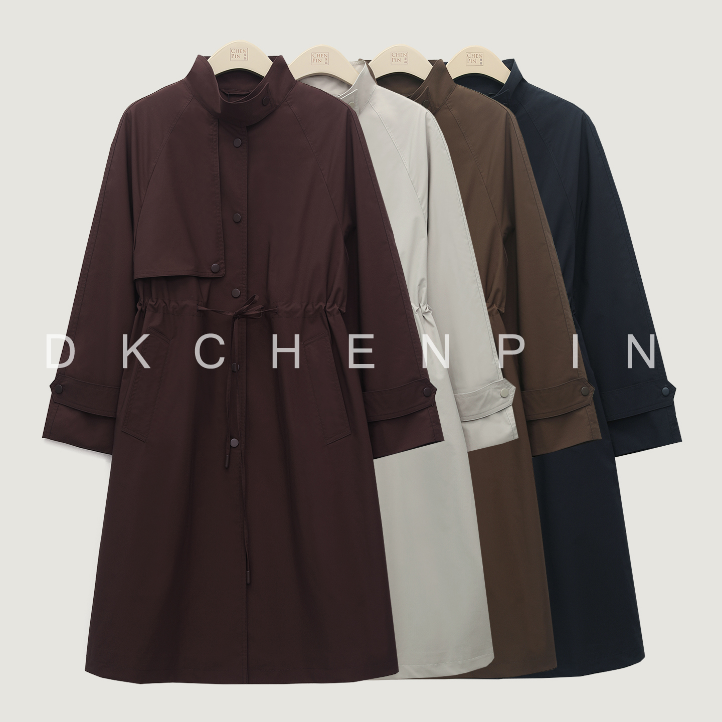 呈品2025秋季新款女装长款风衣韩版高级立领抽绳休闲外套百搭上衣