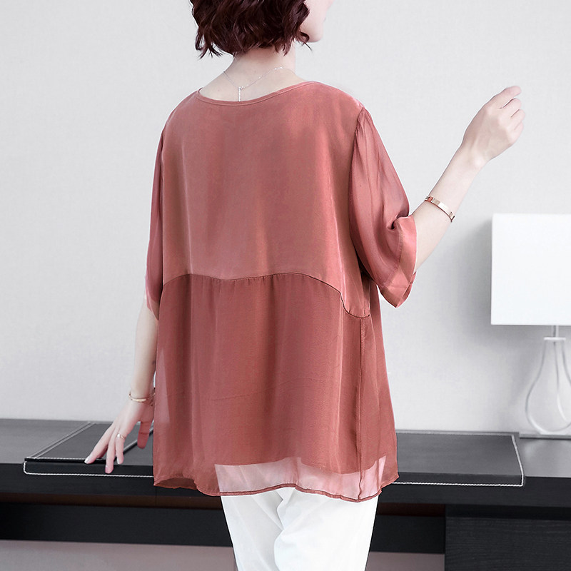 真丝上衣女2020夏装新款中年妈妈装宽松短袖大码遮肚子显瘦雪纺衫