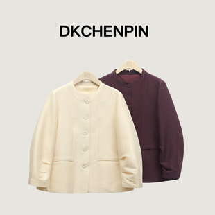 呈品精简轻奢重磅桑蚕丝羊毛圆领立裁丝毛外套2026春新款精致上衣