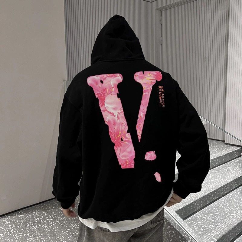 vlone gang樱花大V字母宽松休闲潮牌男女同款情侣套头连帽卫衣