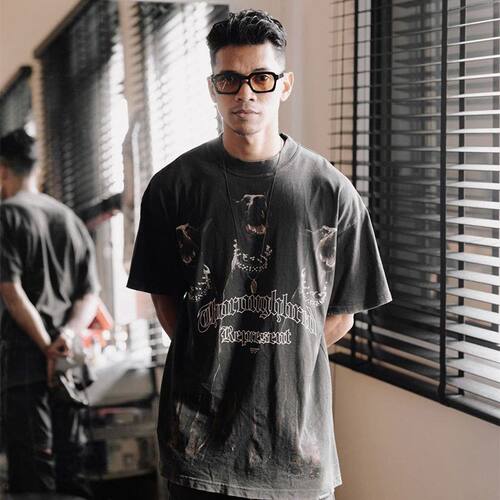 REPRESENT TRACK杜宾犬短袖 Vintage高街宽松情侣破坏做旧潮牌T恤