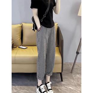 T8831高腰格子九哈伦裤女士束脚老爹阔裤子夏季秋薄款显腿瘦宽分