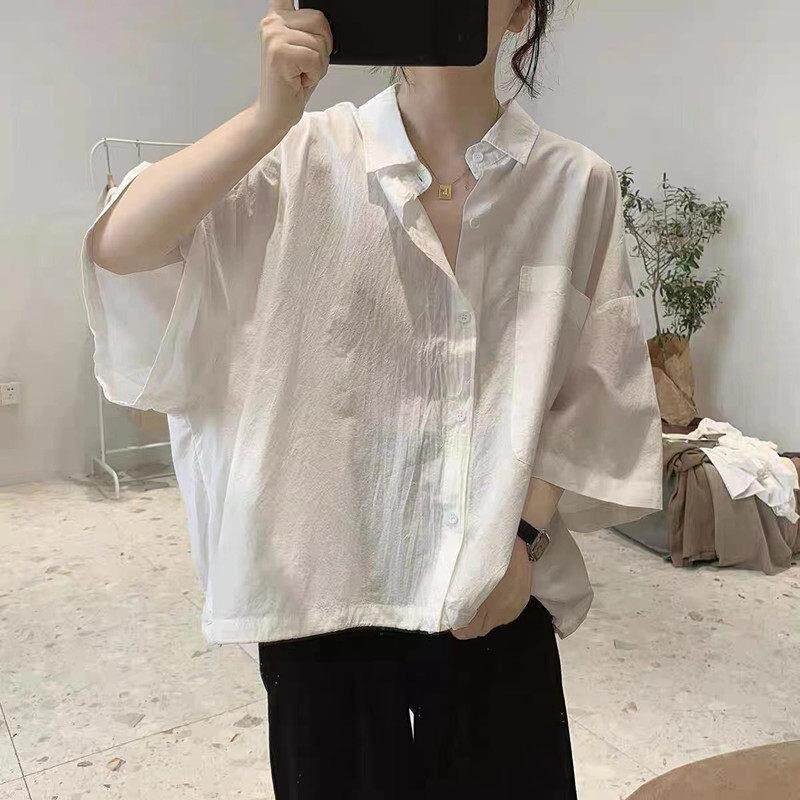 韩衬国夏新款七分袖衫女宽松大口尺78567455码显瘦半袖蝙季蝠型文