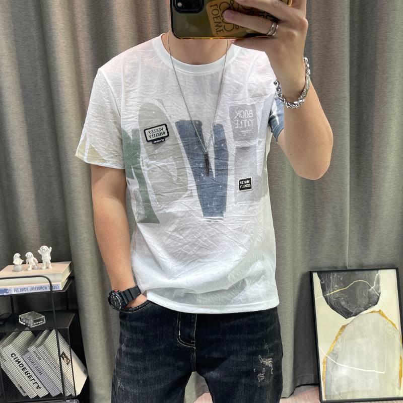 潮牌男士T恤短袖夏季新款字母印花天丝棉麻半袖T恤衫麻料衣服潮