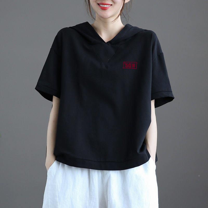 色连帽短袖t恤女士夏白欧货季大L31051F码胖mm松宽休闲套头半袖体