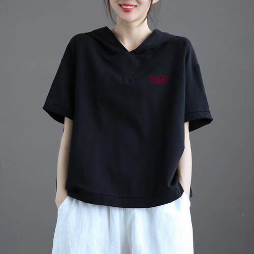 色连帽短袖t恤女士夏白欧货季大L31051F码胖mm松宽休闲套头半袖体