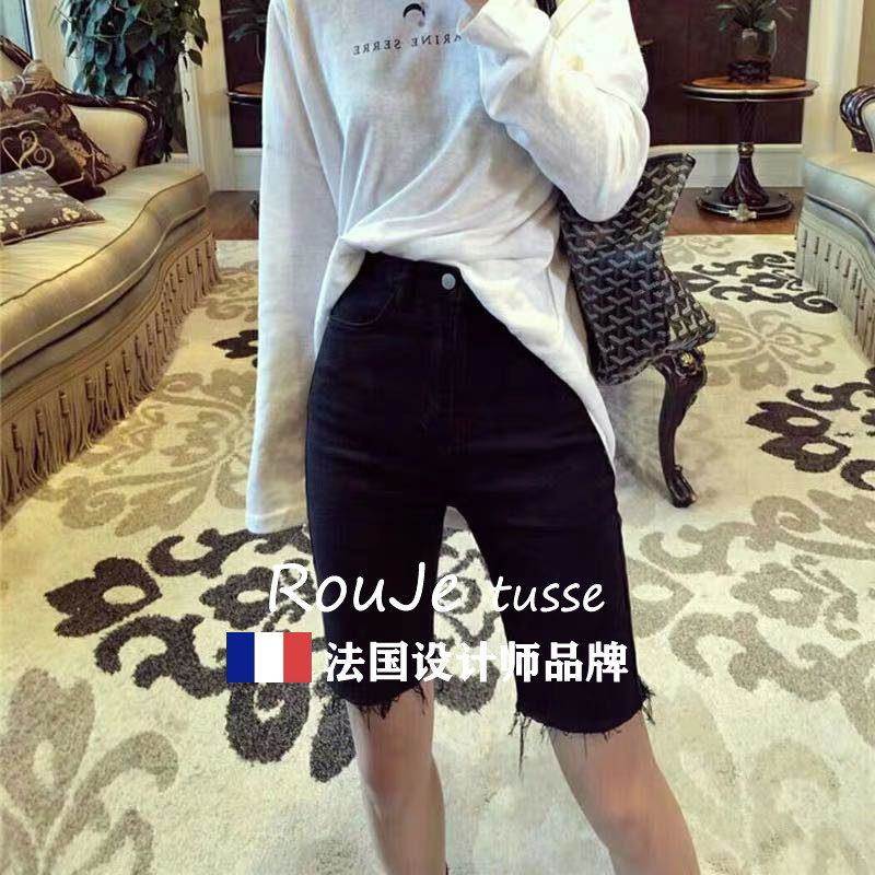 法oRuje tusse牛仔五分裤女季夏高腰a1043768国显瘦紧身五分裤骑