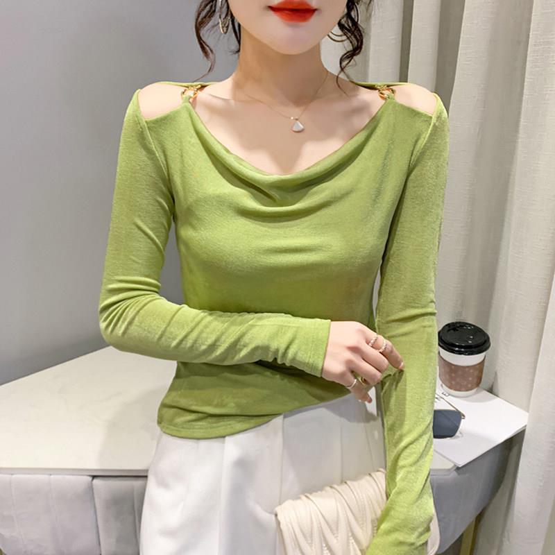 潮露肩上女新款春装百搭长袖T恤衣女时尚UQI洋派设计牌感内打搭底