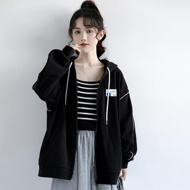 韩国2连026春秋新款松帽上衣in厚s潮宽黑色QAX棉T外套女休闲拉炼
