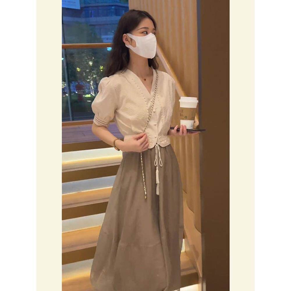 欧洲站YX-9450法式初茶歇恋甜美设感小众减龄温计柔风衬衫身半裙