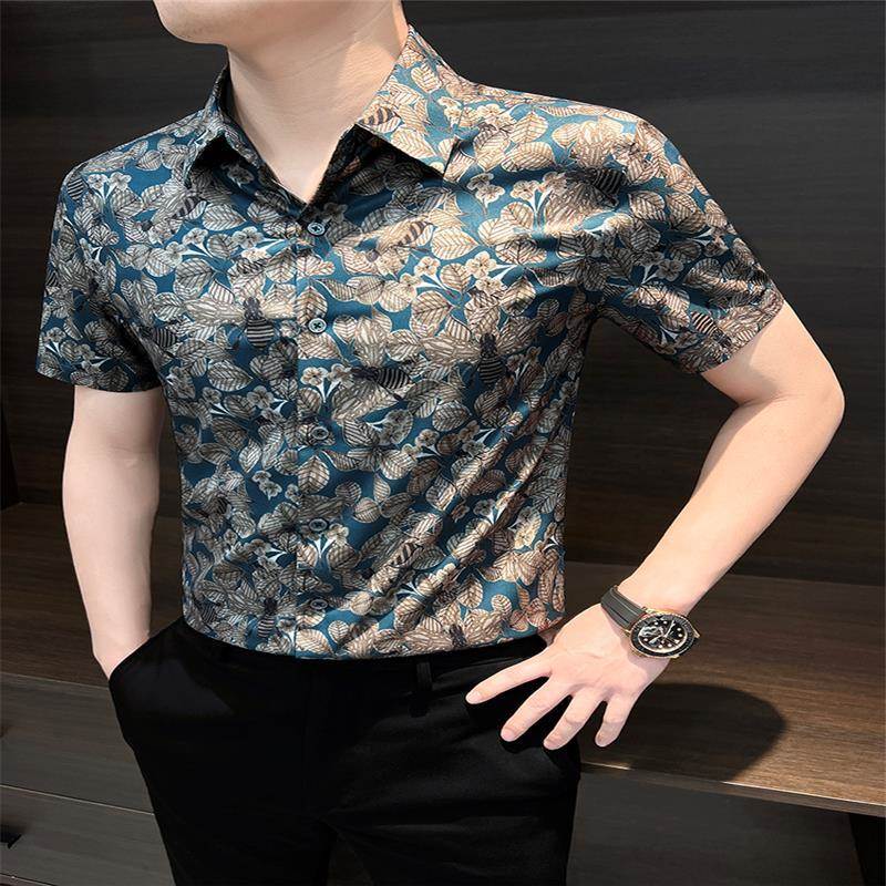 香港碎花短袖衬衫男士夏季冰丝2025年新款透气薄款轻熟风痞帅衬衣