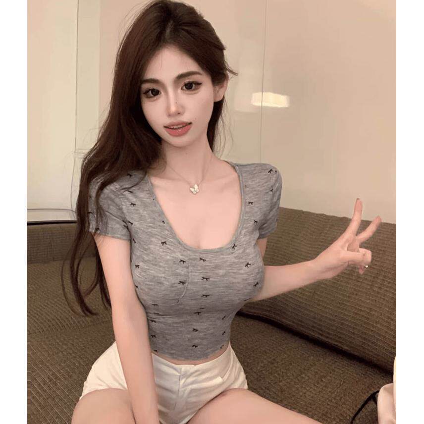 纯欲风甜辣妹性感显胸大U领印花短袖夏季新款T恤女士修身短款上衣
