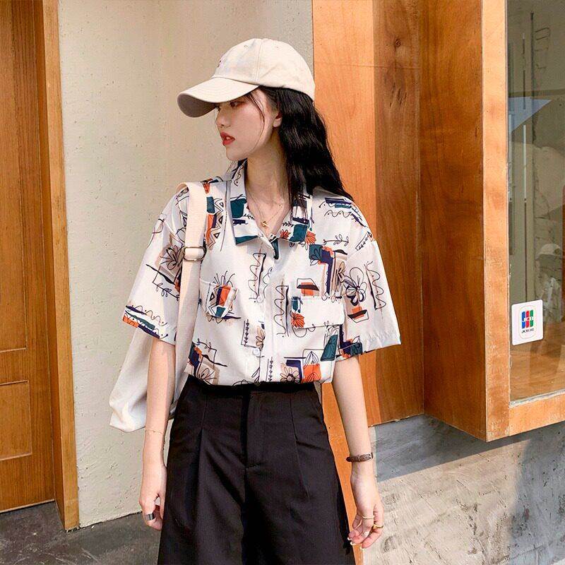短袖衬衫女设系计感小众夏薄花款港风印法式盐显瘦宽松上衣T3276