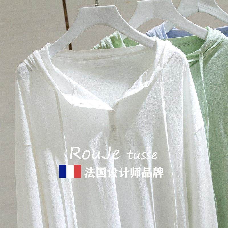 国Rouje显 tusse白色连帽t恤女长袖秋宽松瘦慵懒风防晒法67482531