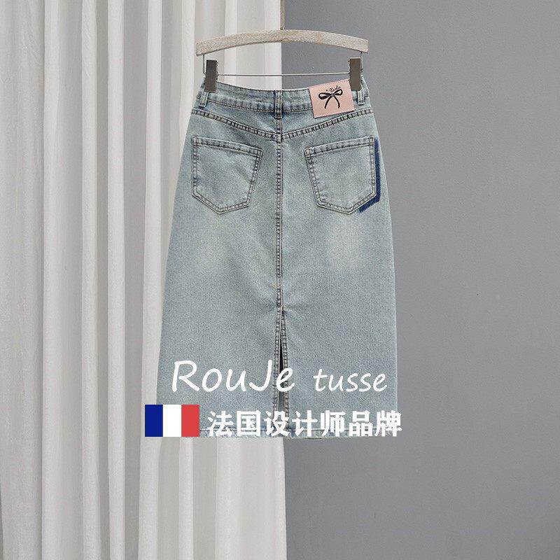 季百Rouje tusse夏中长牛仔78276030裙女高腰浅色半身包裙后开 叉