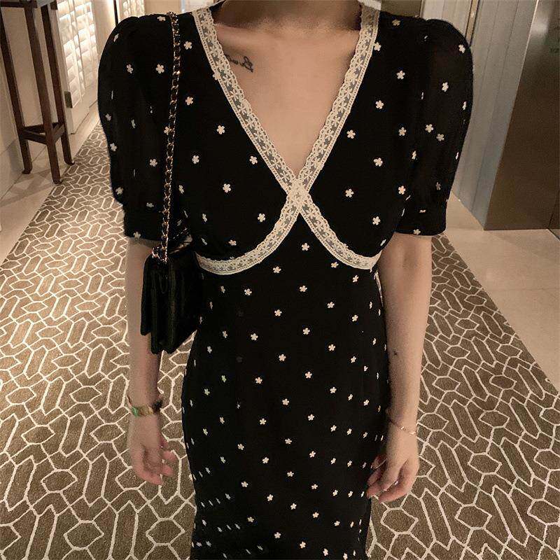 FAshi 夏季新款法式复古绣花鱼尾裙子名媛气质中长款碎花连衣裙女