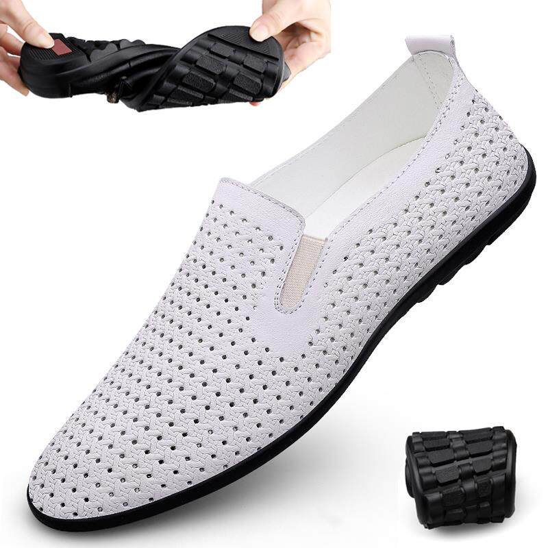 夏季白色镂空透气皮凉鞋男真皮软底一脚蹬休闲皮鞋轻便懒人洞洞鞋