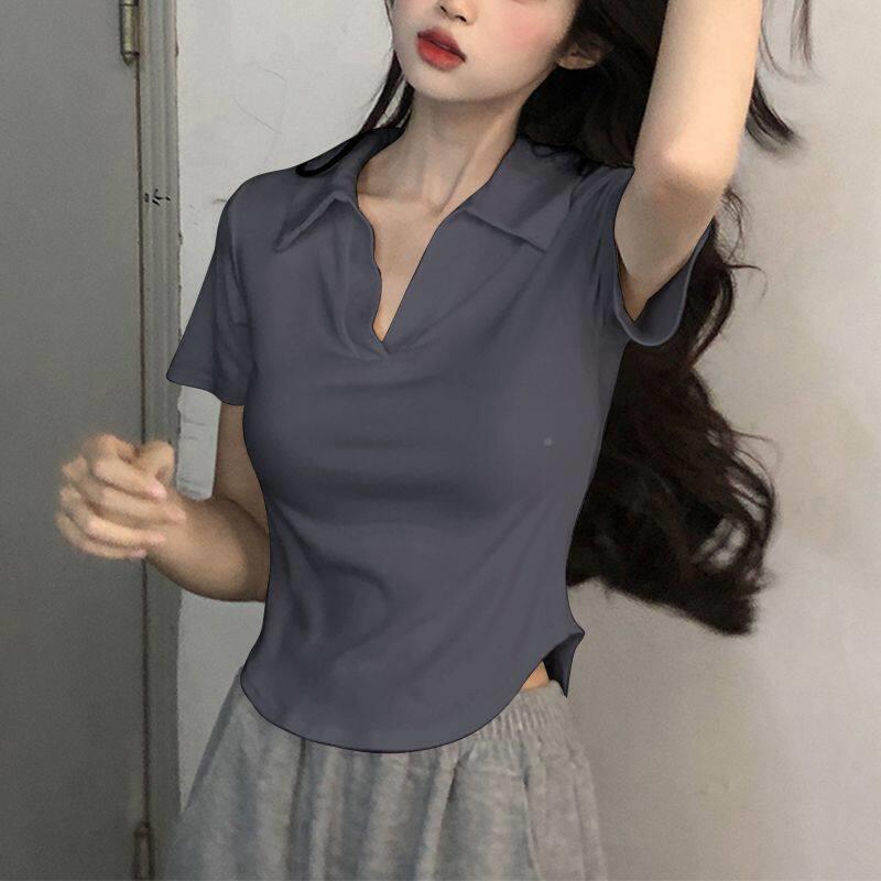 V领P身OLO衫正肩恤短袖T女士206夏季2T8666新款辣妹修显瘦短款T恤
