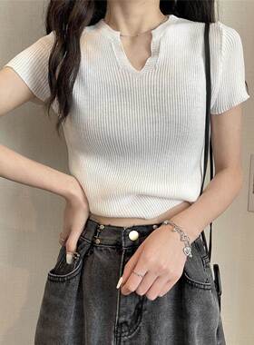 v领正肩短袖t恤女丝冰T8318-1夏季20辣26新修身显瘦妹针织上衣款