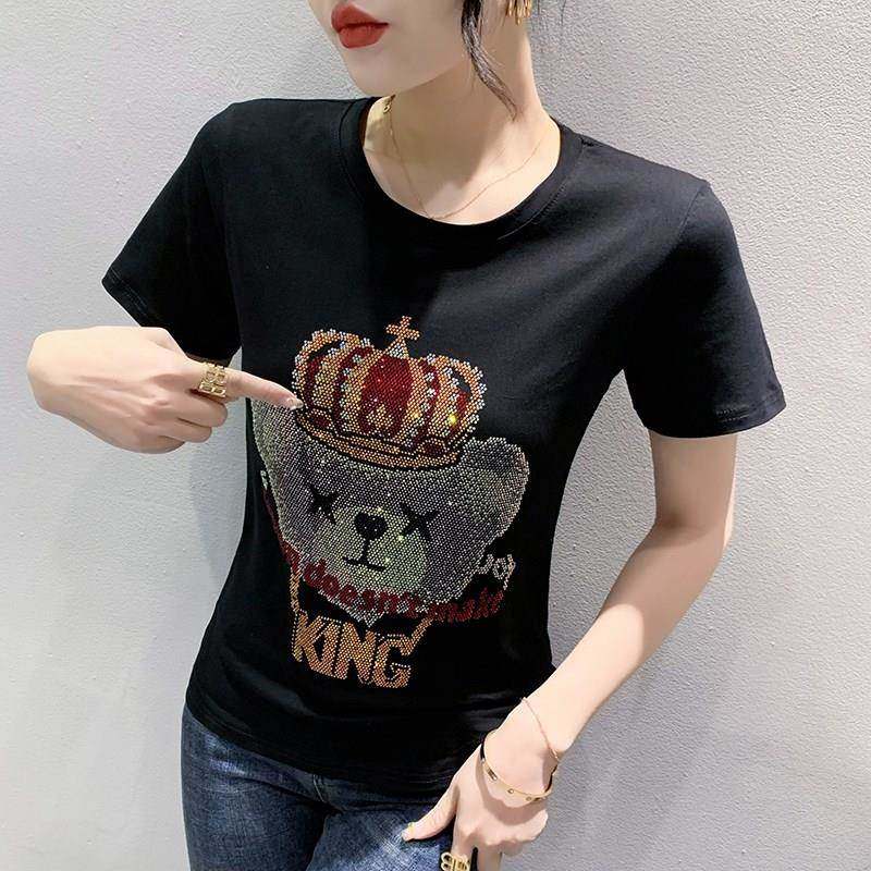 韩国纯棉短袖t恤女新款夏装修身显瘦时尚烫钻上衣欧货洋气小衫潮