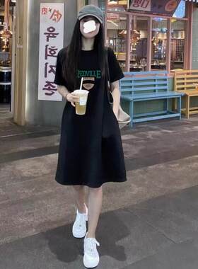 法国Rouje Dsyle夏季短袖裙子显瘦休闲体恤女装纯棉长裙连衣裙t恤