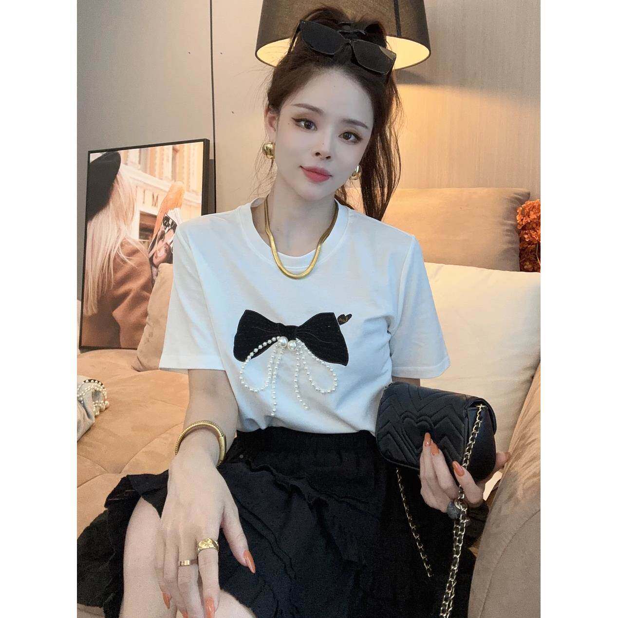 式欧货时尚法蝴蝶结钉珠短恤袖t04241110女夏2026瘦新甜美休闲显