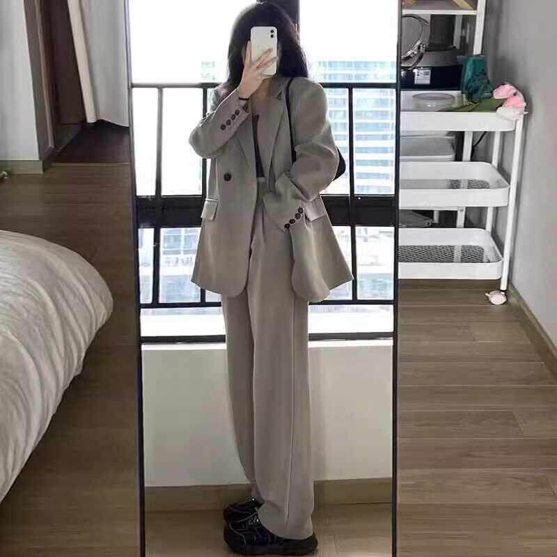 韩国女春秋大裤尺码黑色休闲西服套装XLQ御姐腿职阔两件套西业装