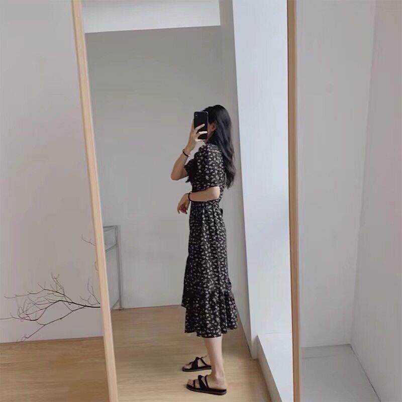 欧洲站新款法复古气质长裙高级感收腰显瘦0518黑女色碎洋式装夏花