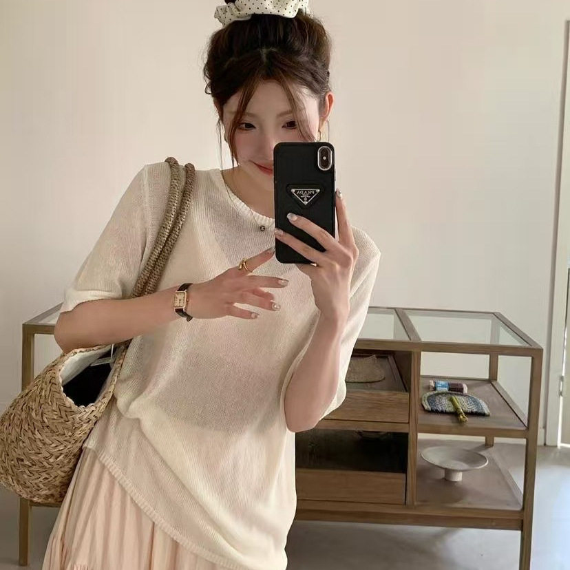 新款圆领短袖针织衫t恤女夏季薄款透视宽松上衣女慵懒风通勤套头