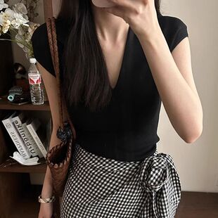 冰丝气质黑色针织衫夏季新款薄款后背短袖绑带修身坎肩上衣女套头