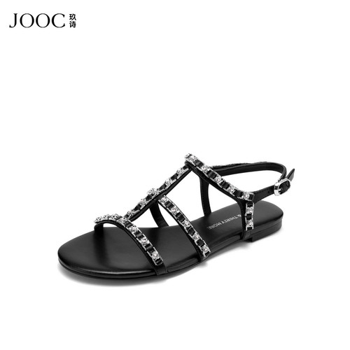 JOOC玖诗黑色平底鞋女春季新款休闲百搭一字带法式复古凉鞋女
